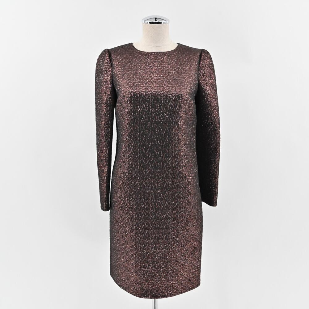 ARIANA ROCKEFELLER Dress Size 0 Black Copper Metallic Long Sleeve Silk Shift